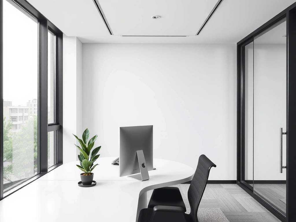 A modern, minimalist office space with a computer and a plant, symbolizing digital work and creativity.