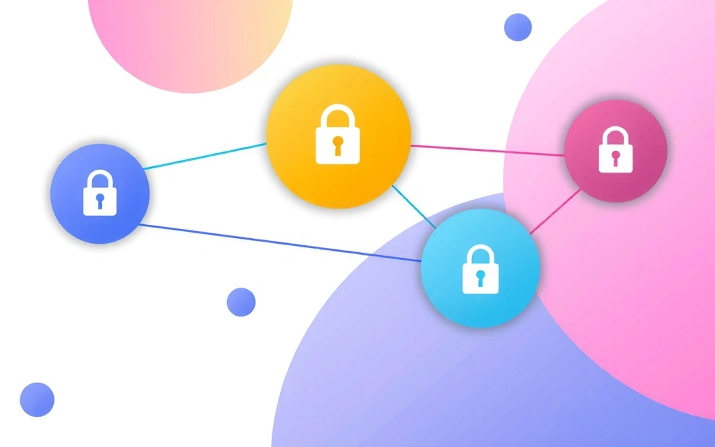 Illustration of secure data transfer between different entities, represented by connected nodes with encryption symbols.
