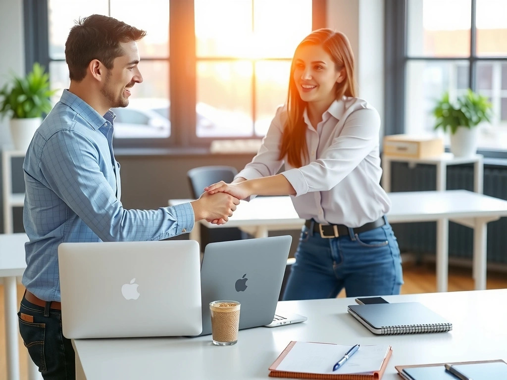 Two people shaking hands, representing initial contact and discovery phase
