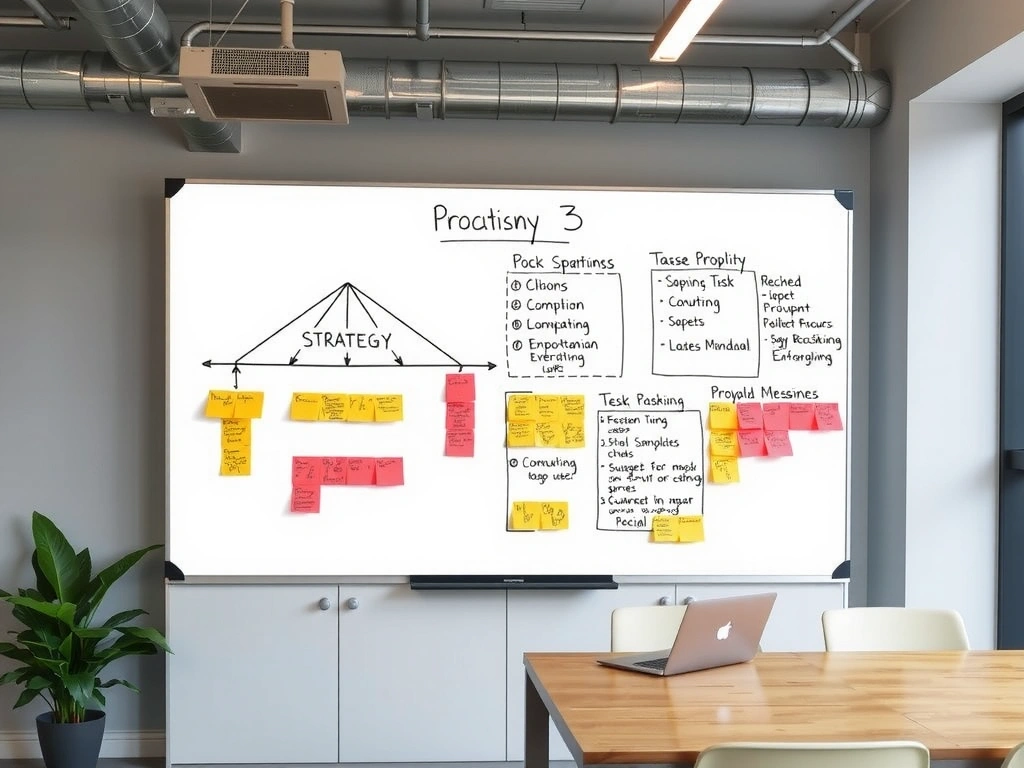 Whiteboard with strategy notes and flowcharts, representing planning phase