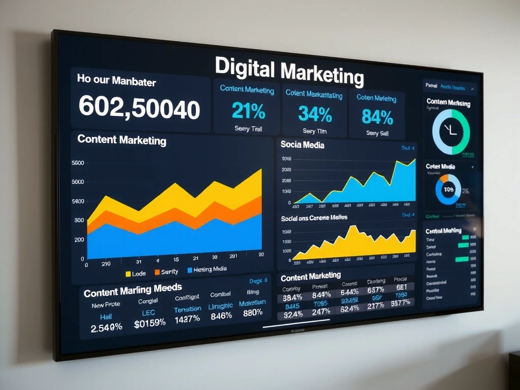 Digital marketing dashboard with charts and graphs showing growth