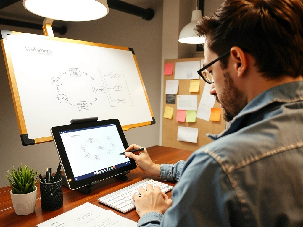 UI/UX designer sketching wireframes and user flows on a whiteboard