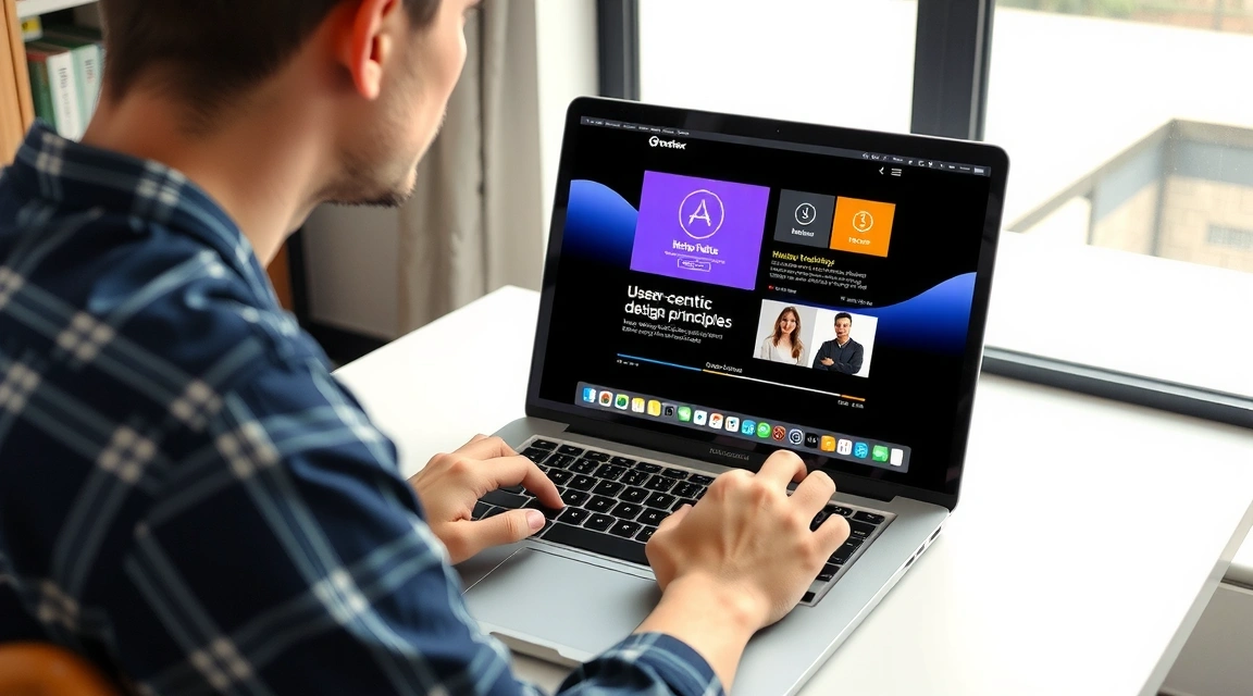 A person working on a laptop with vibrant UI/UX designs on screen, emphasizing user-centric design principles. Modern and clean.
