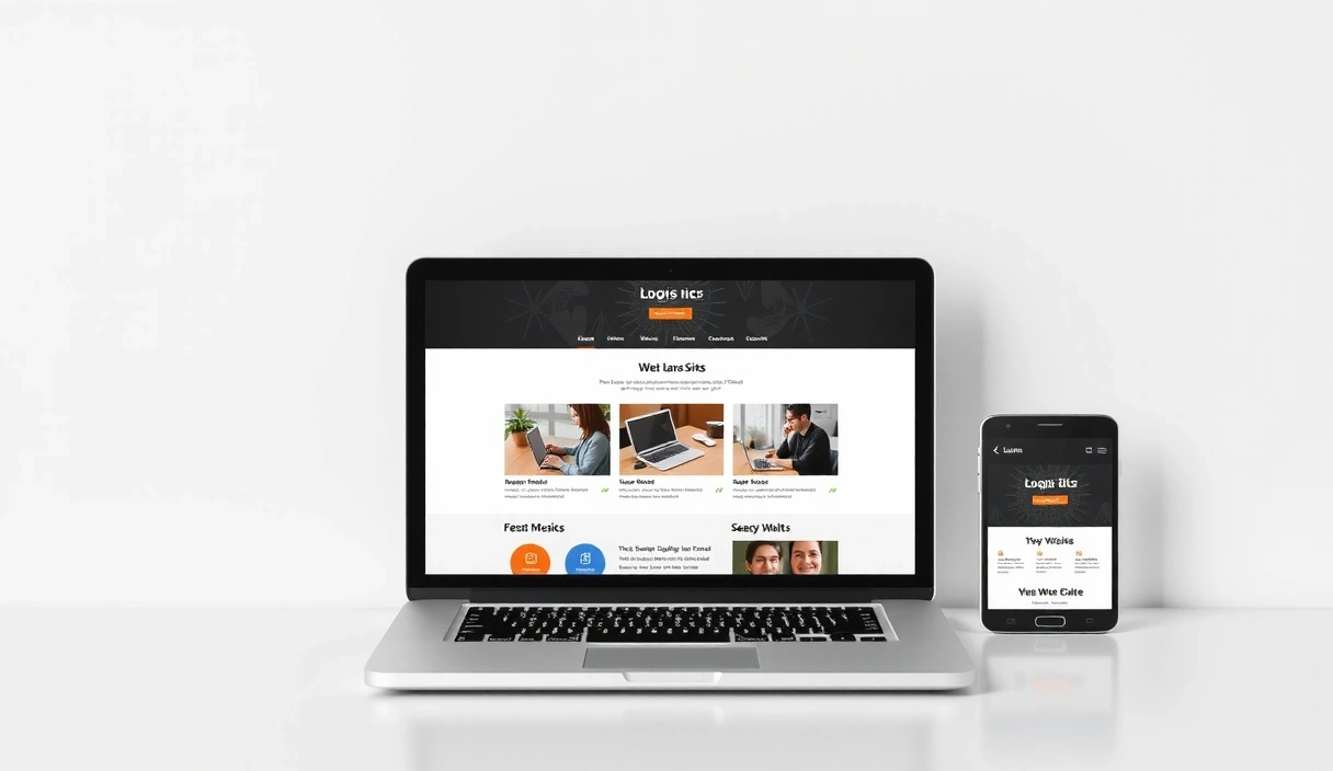 A laptop displaying a responsive website design with various device mockups, illustrating adaptability across different screen sizes. Clean, modern aesthetic.
