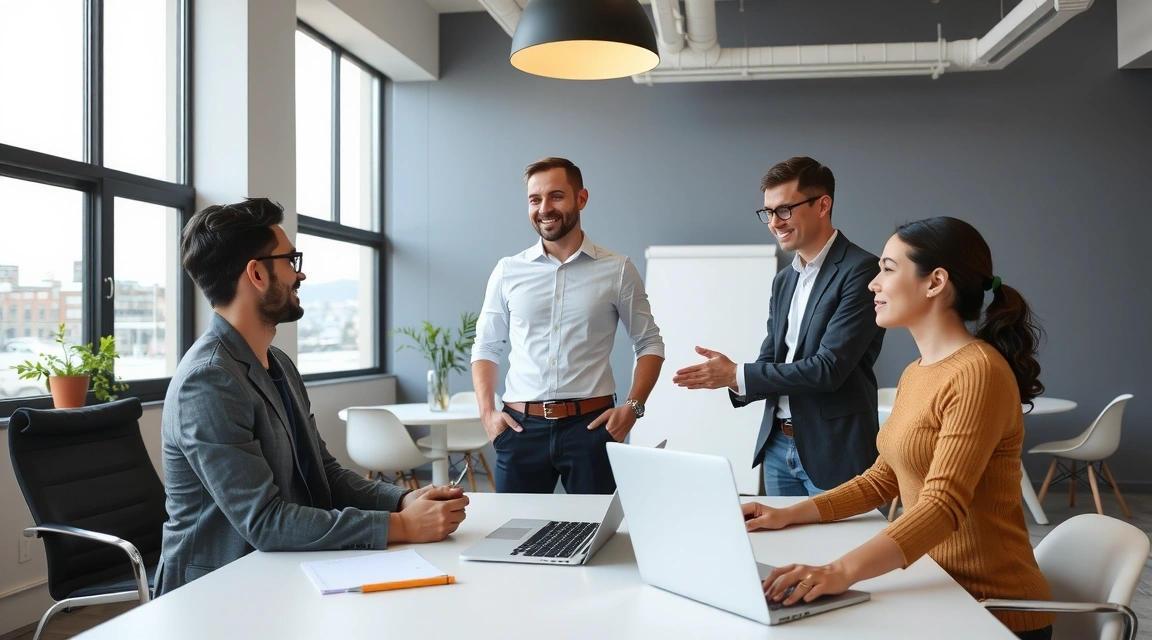 A team collaborating in a modern office, discussing web development strategies and project timelines. Professional and dynamic.