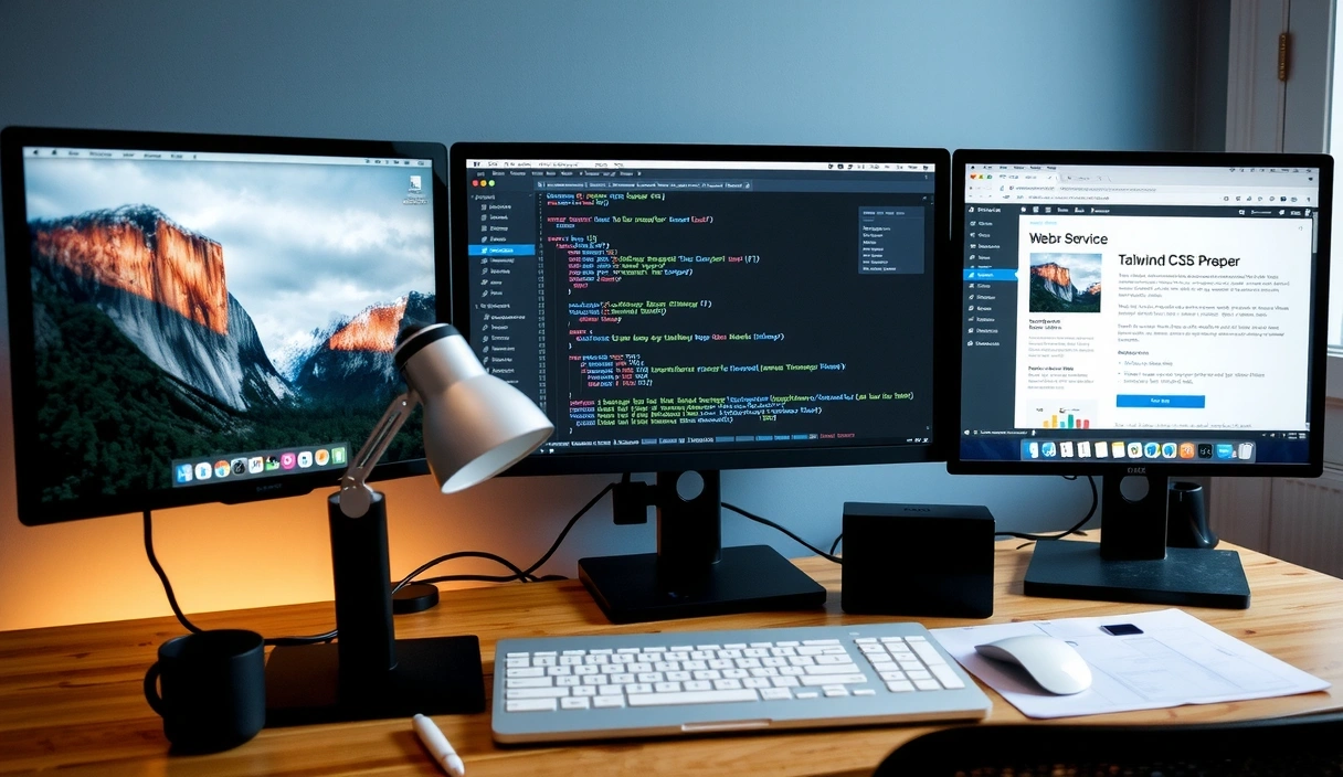 A web developer's desk with multiple screens showing Tailwind CSS code and a responsive website. Focus on clean code and modern development tools.